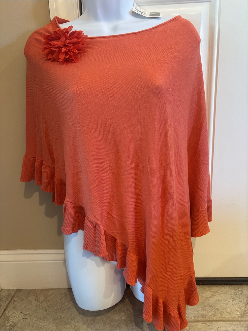 Petite Sophisticate Coral Orange Knit Poncho with Flower Accent